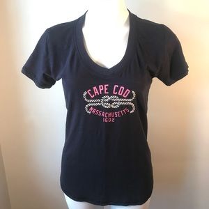 Cape Cod Massachusetts Tee, V-Neck, Navy Blue and Pink with White Nautical Rope